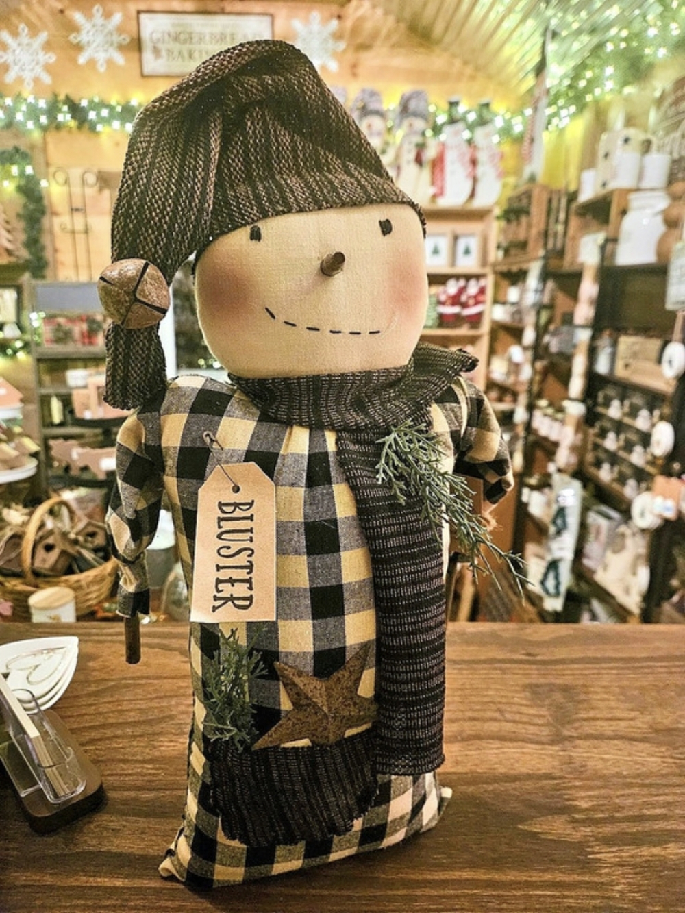 The Hearthside Collection Bluster Snowman Doll Checkered Decor Figure